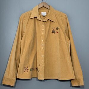 Country Grandma Size Large Yellow Embroidered Corduroy Shirt Autumn Harvest Fall